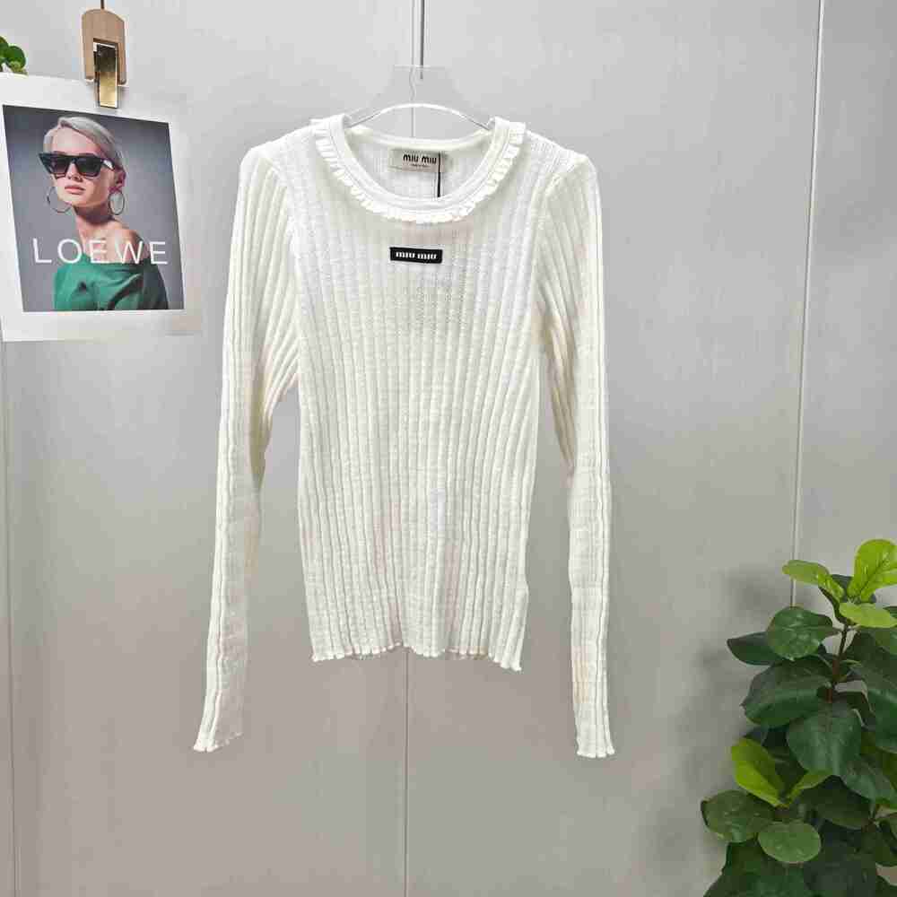 Miu Miu White Ribbed Ruffle-Trim Knit Top